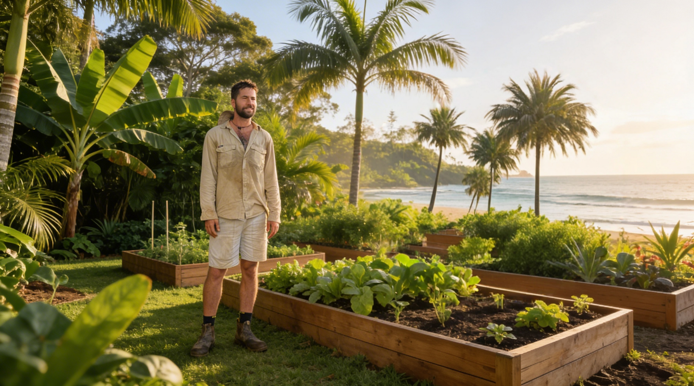 Raised vegetable garden beds planted out on a coastal Northern Rivers block, the ocean beyond